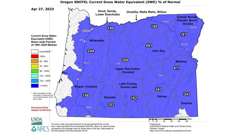 Oregon april 27 2023 snow water equivalent map