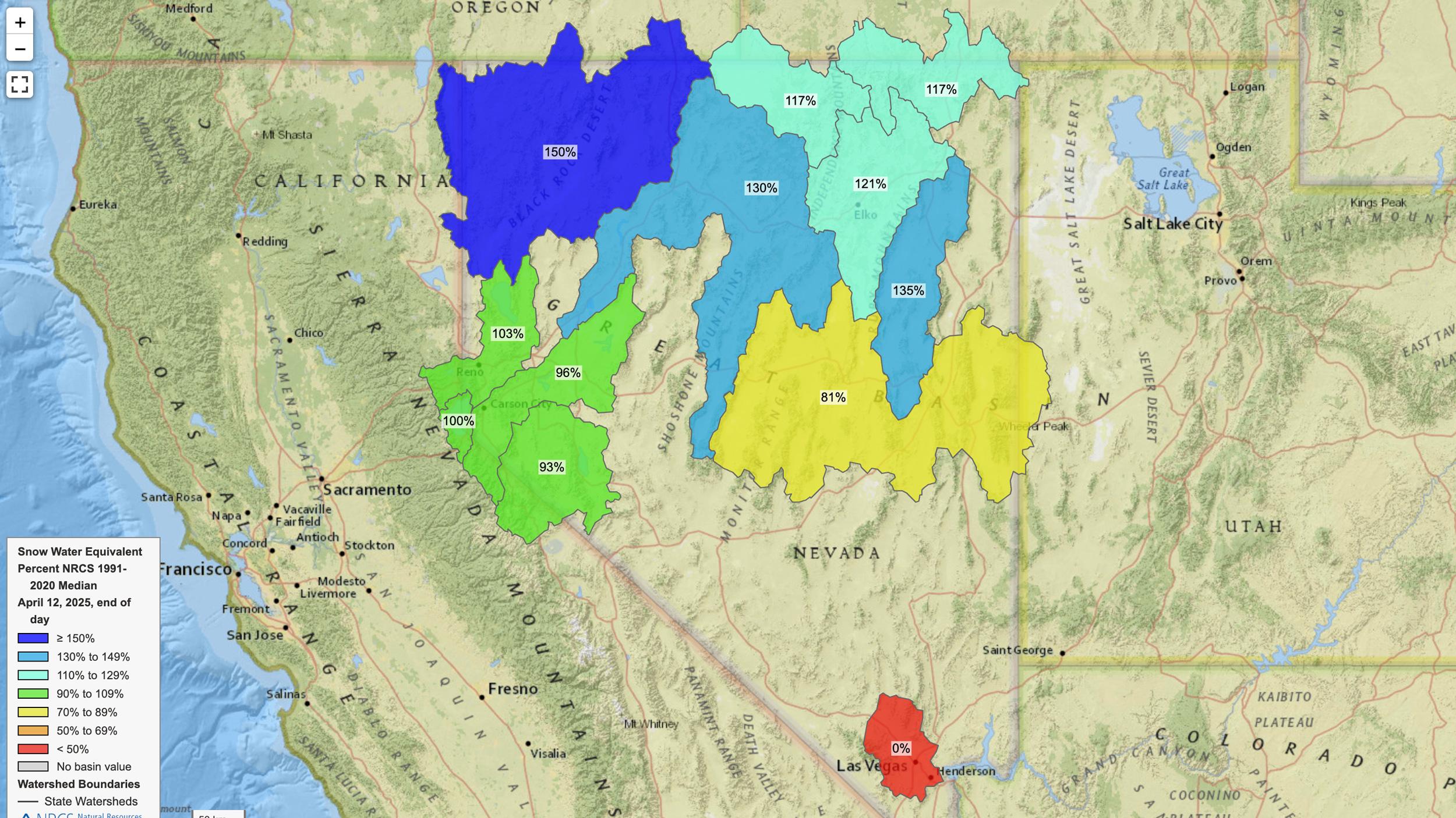 Nevada April 12, 2025 snow water equivalent map
