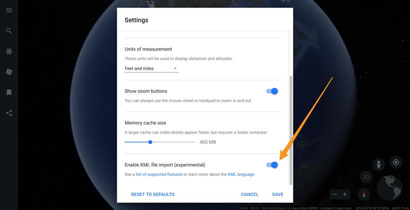 Kml file import in google earth web version