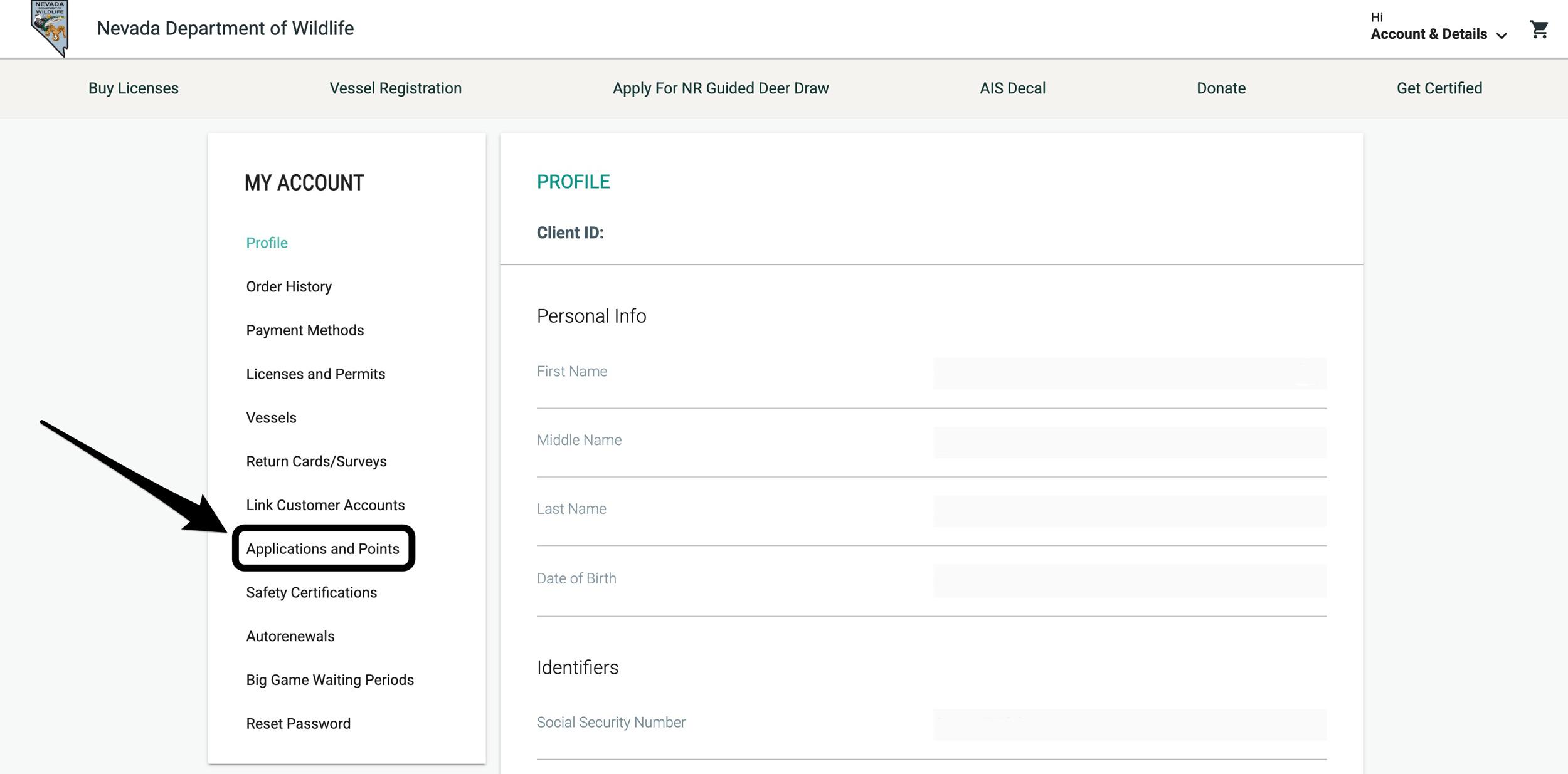 Applications and bonus point section on Nevada hunting licensing page