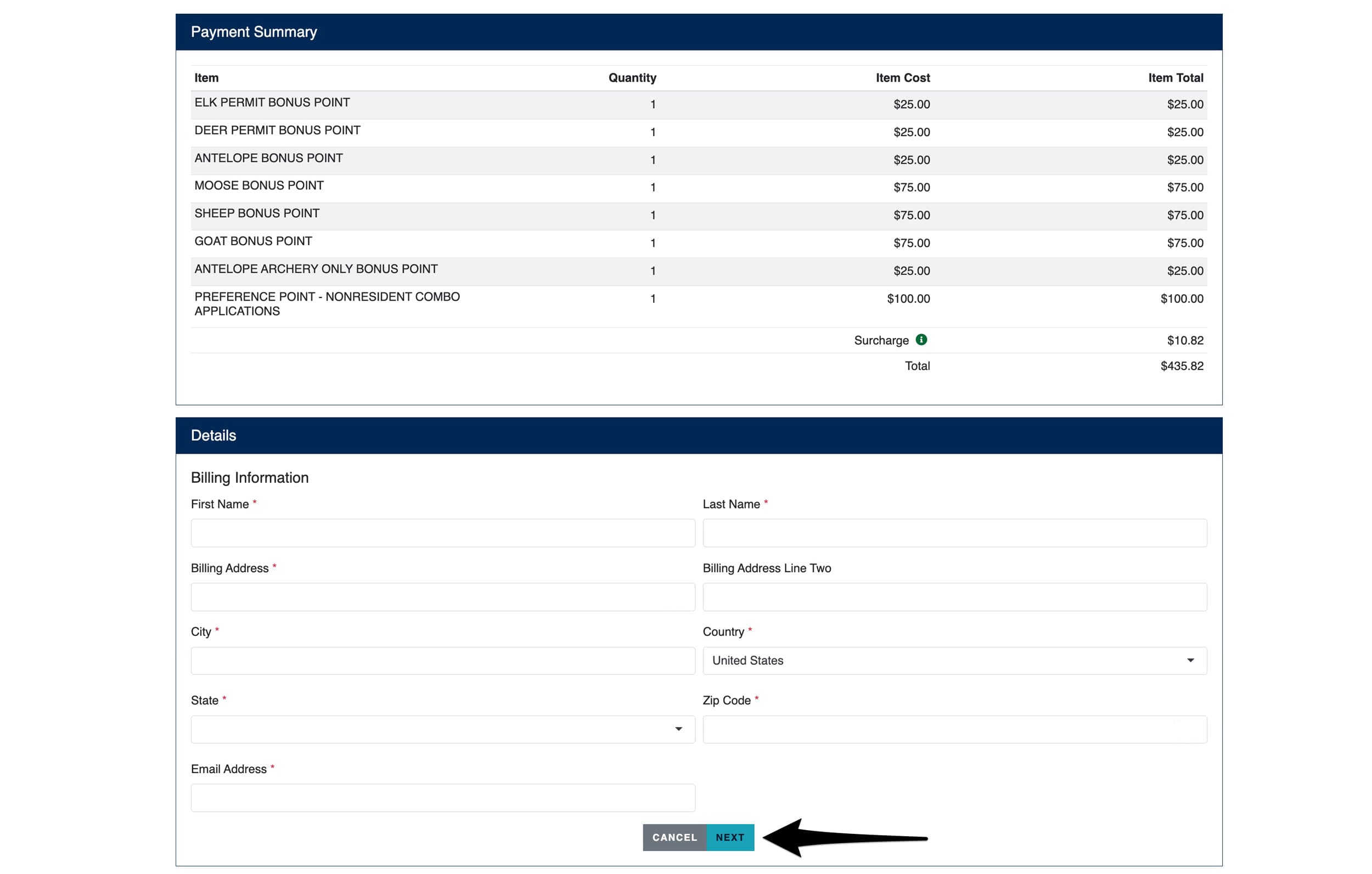 Entering billing information to purchase Montana bonus points and preference points
