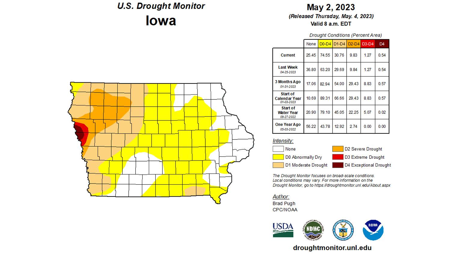 Iowa early May 2023 drought status map