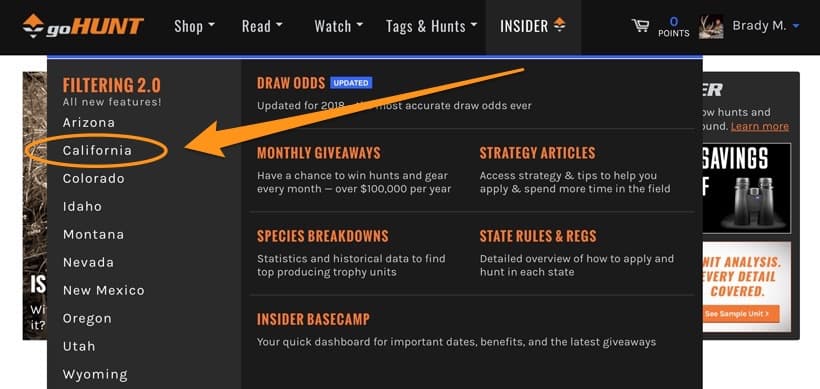 California hunting research data dropdown on gohunt insider 2