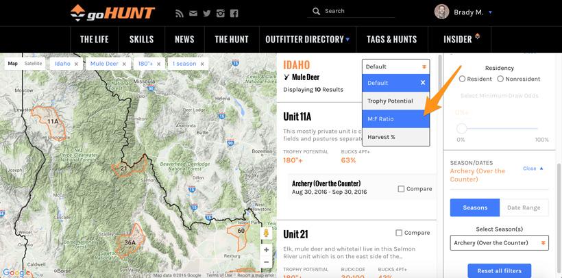 Sorting idaho hunting units by buck doe ratios