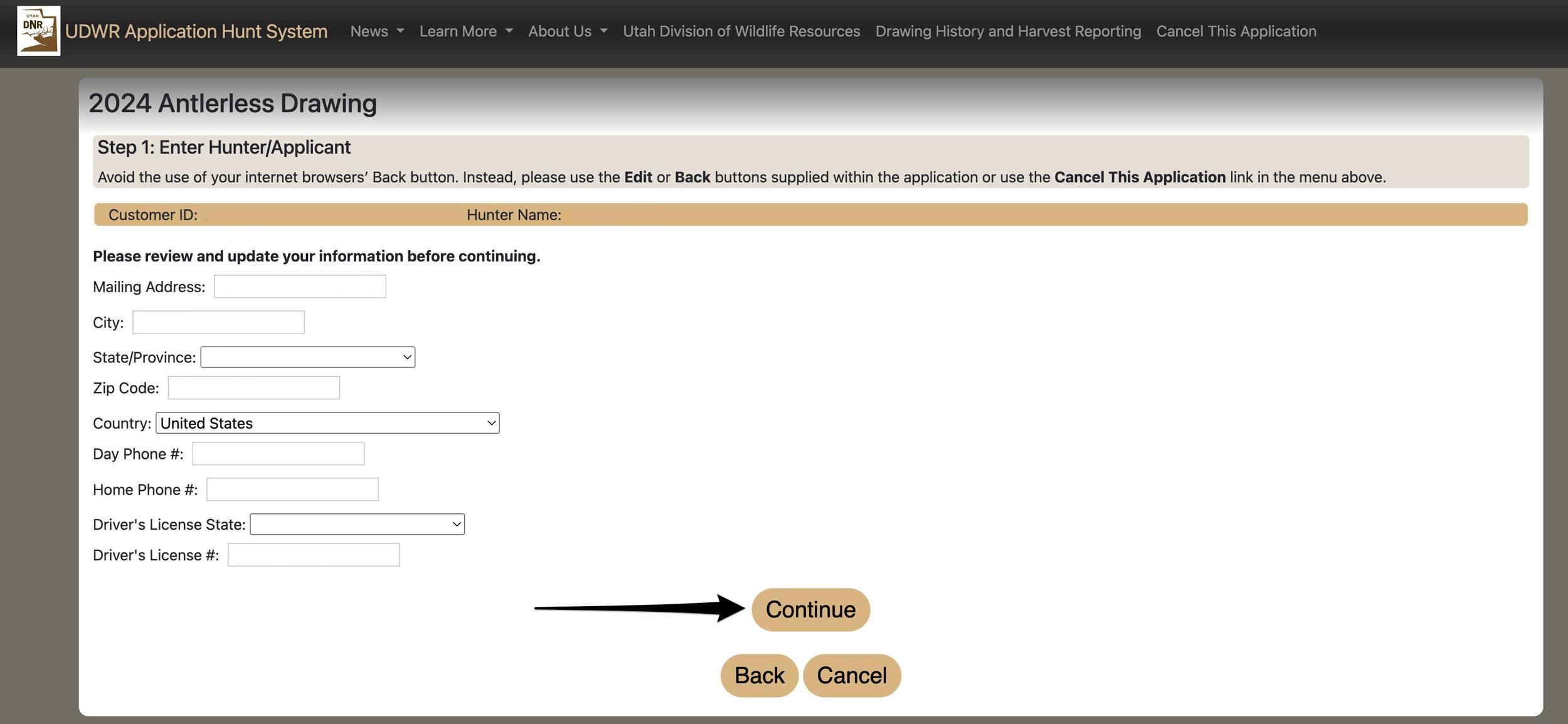 Verifying address information on Utah hunting licensing page