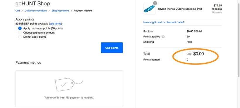 Purchasing gear item for free using gohunt reward points