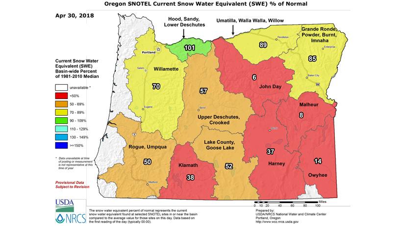 Oregon late april 2018 snow water equivalent