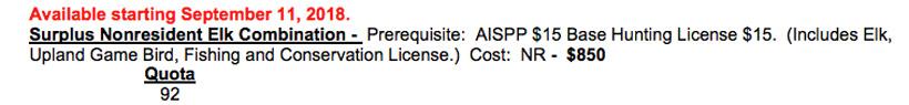 Screenshot of 2018 montana surplus elk licenses
