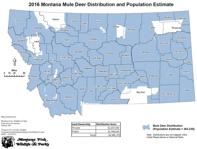 2016 montana mule deer distribution and population estimate