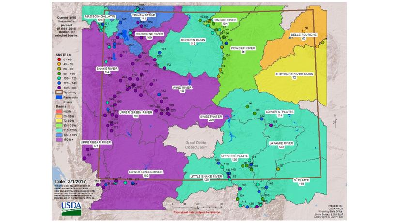 March 2017 snow water equivalent for wyoming