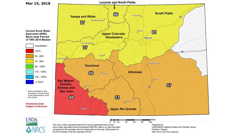 Colorado snow water equivalent as of late march 2018