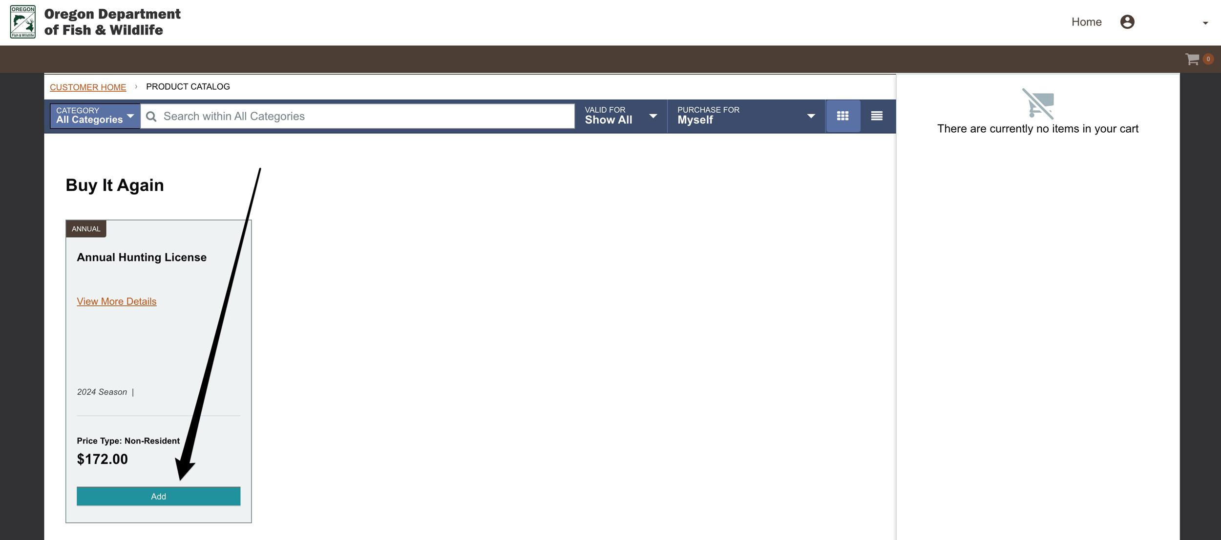 Adding an Oregon annual hunting license to your cart