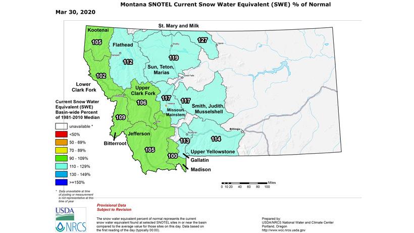 Montana snow water equivalent as of march 2020