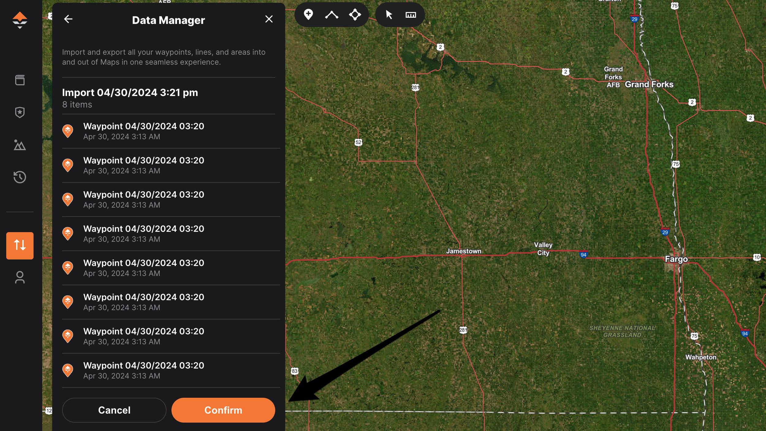 Confirming your import of hunting waypoints to GOHUNT Maps