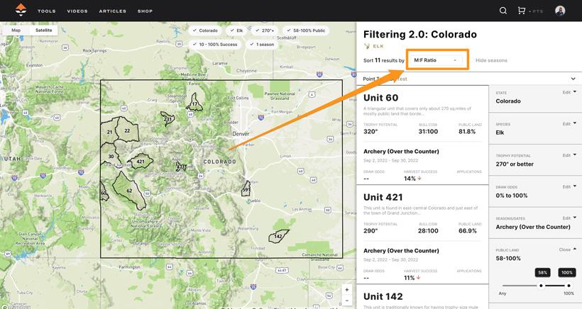 Filters applied and sorting by bull cow ratio