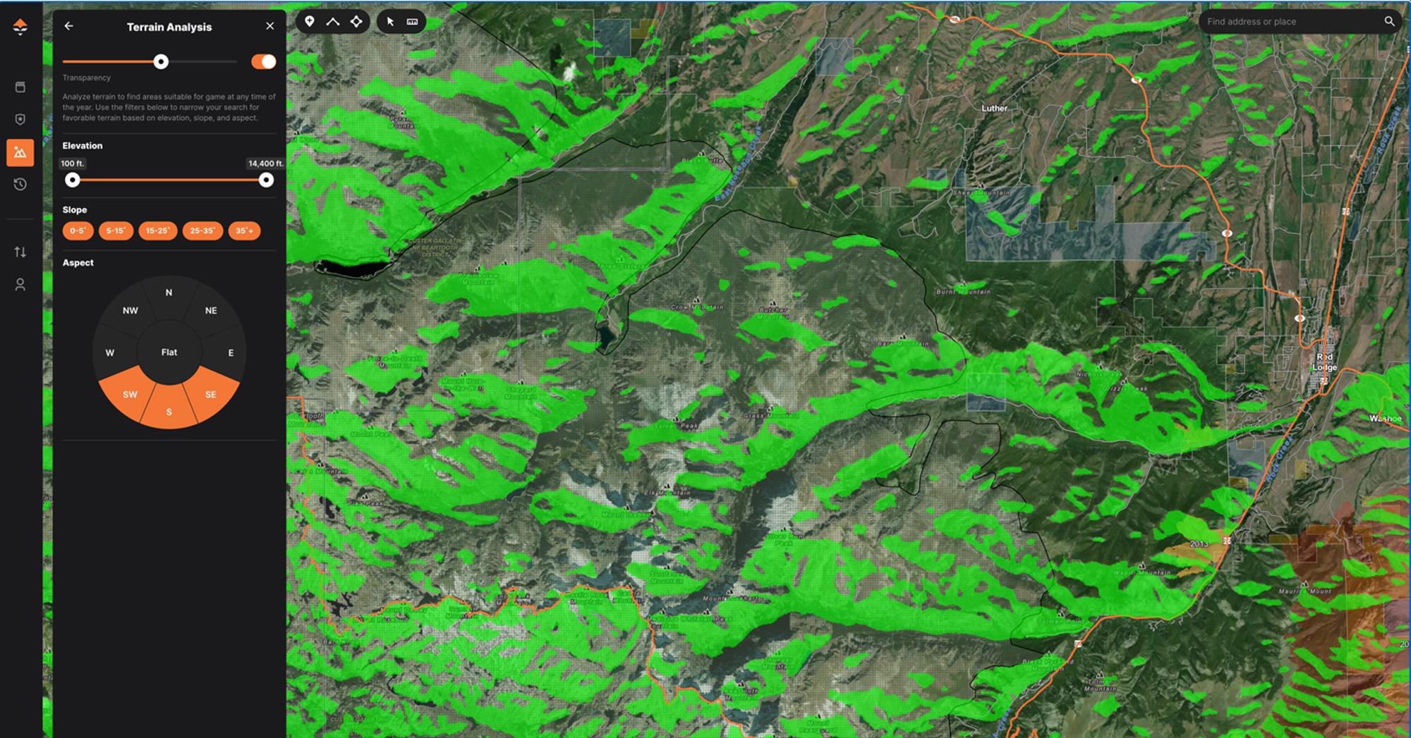 Highlighting only southeast, southwest and, south facing slopes for spring bear