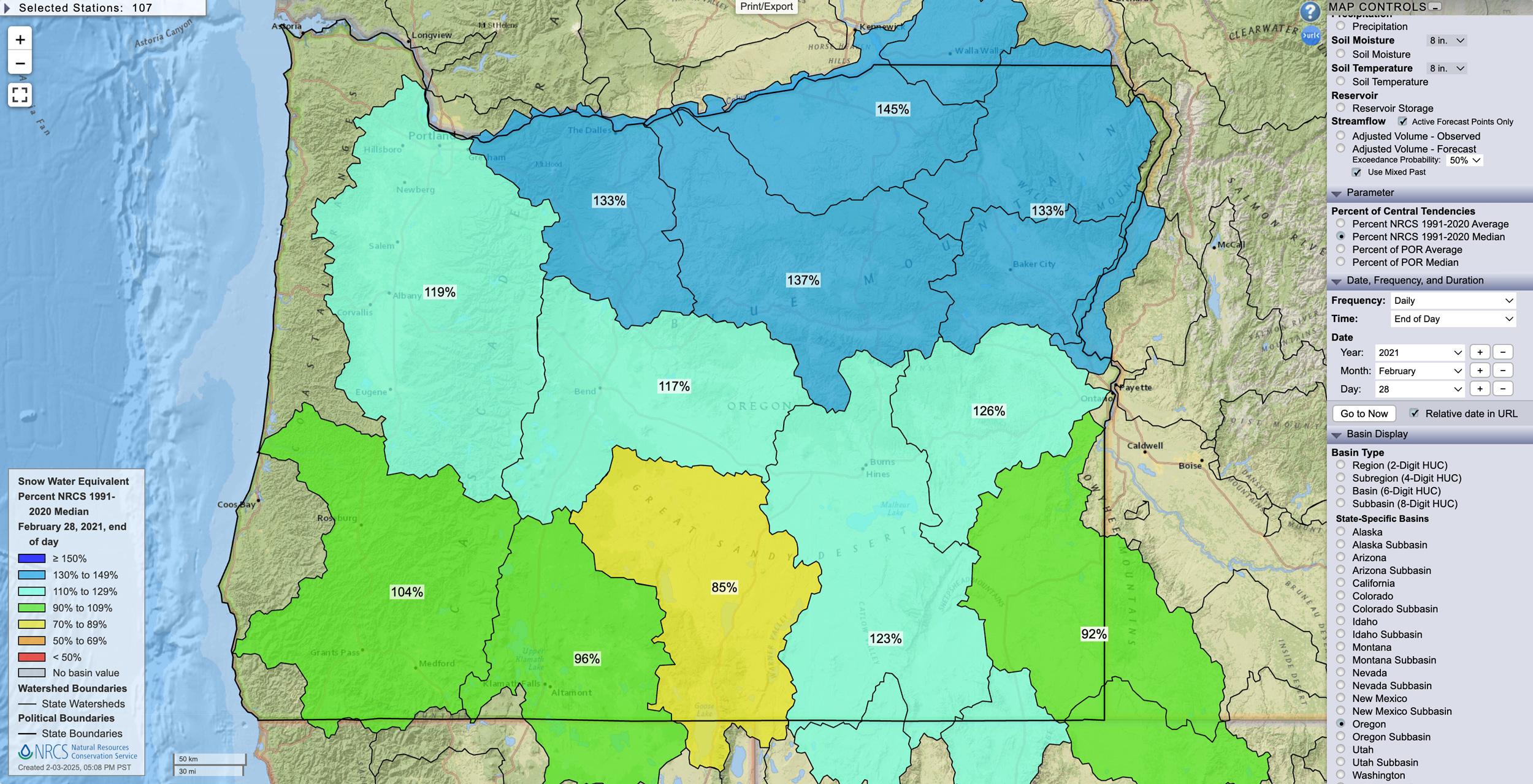 Oregon February 28, 2021 snow water equivalent percent map