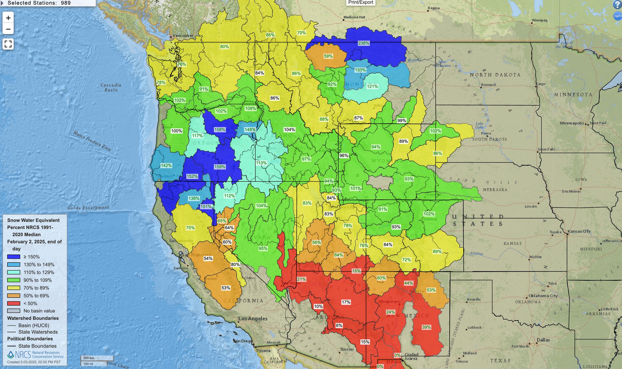 February 2, 2025, Western United States snow water equivalent percent map