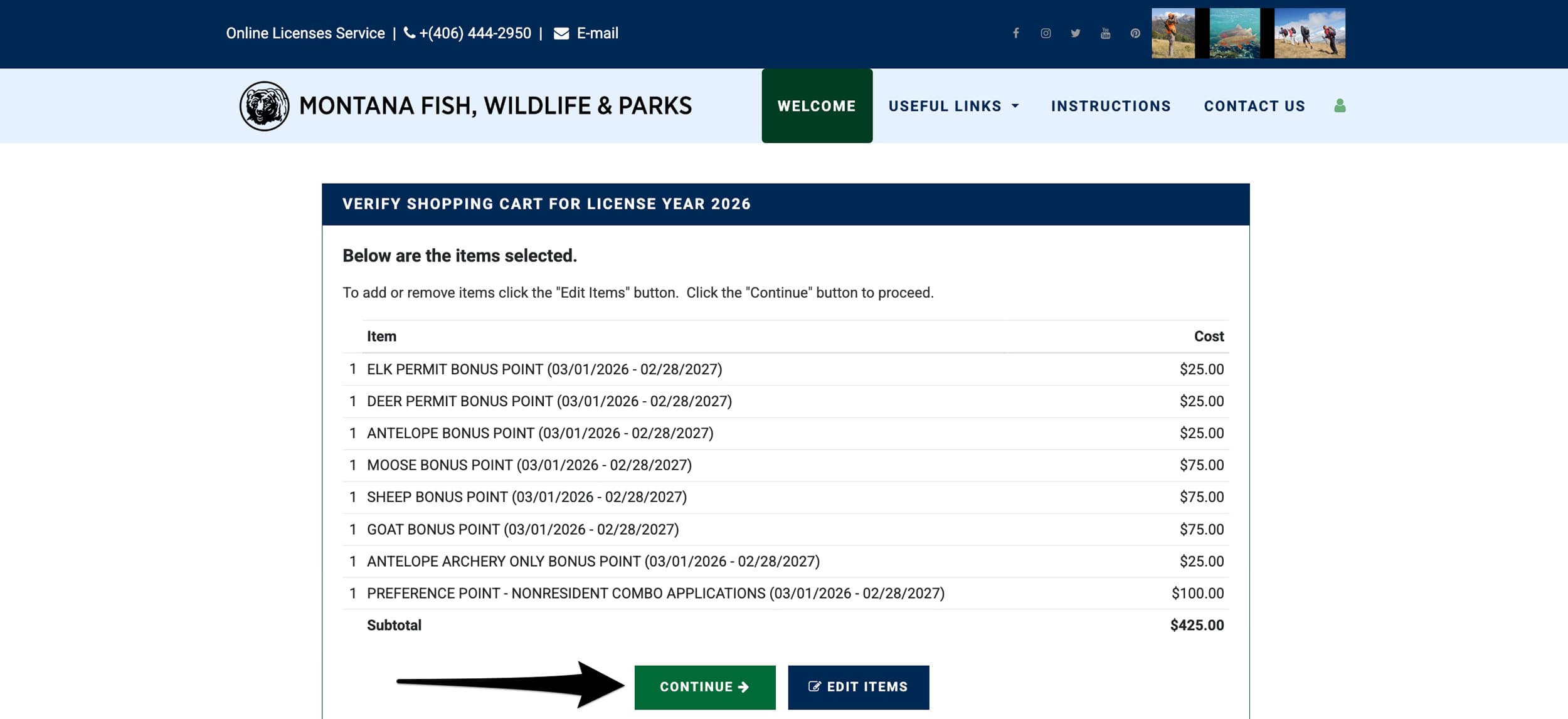Verify your Montana bonus point and preference point selection