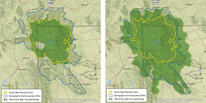 Wyoming grizzly bear range in 1990 and 2016