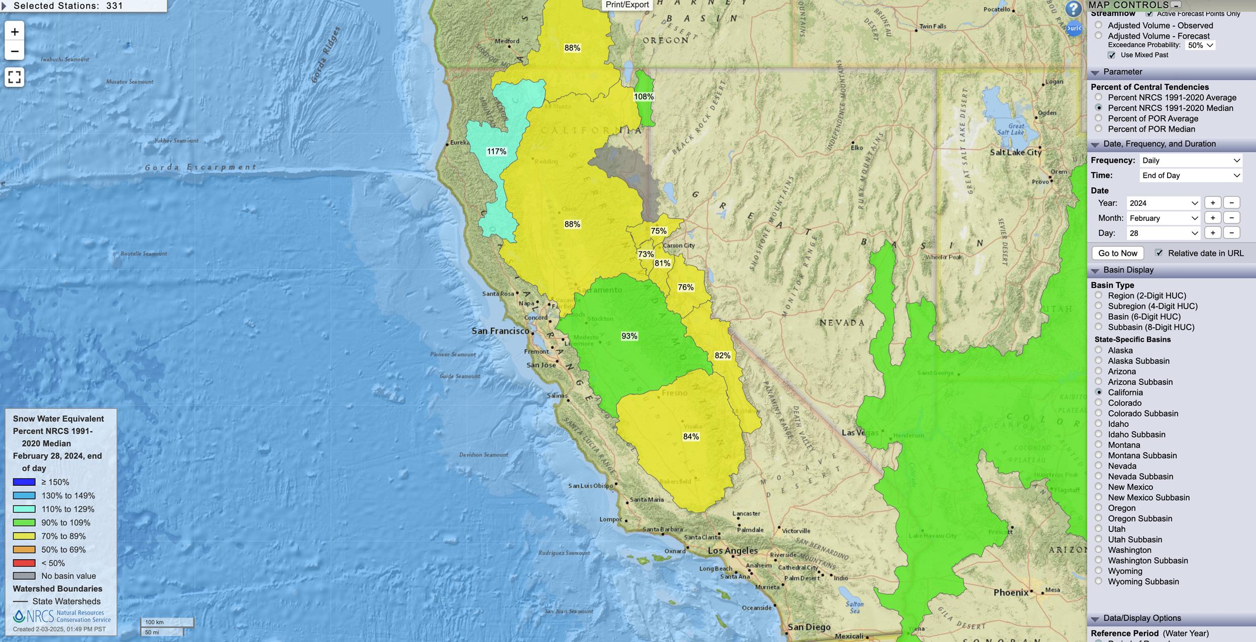 California February 28, 2024 snow water equivalent percent map