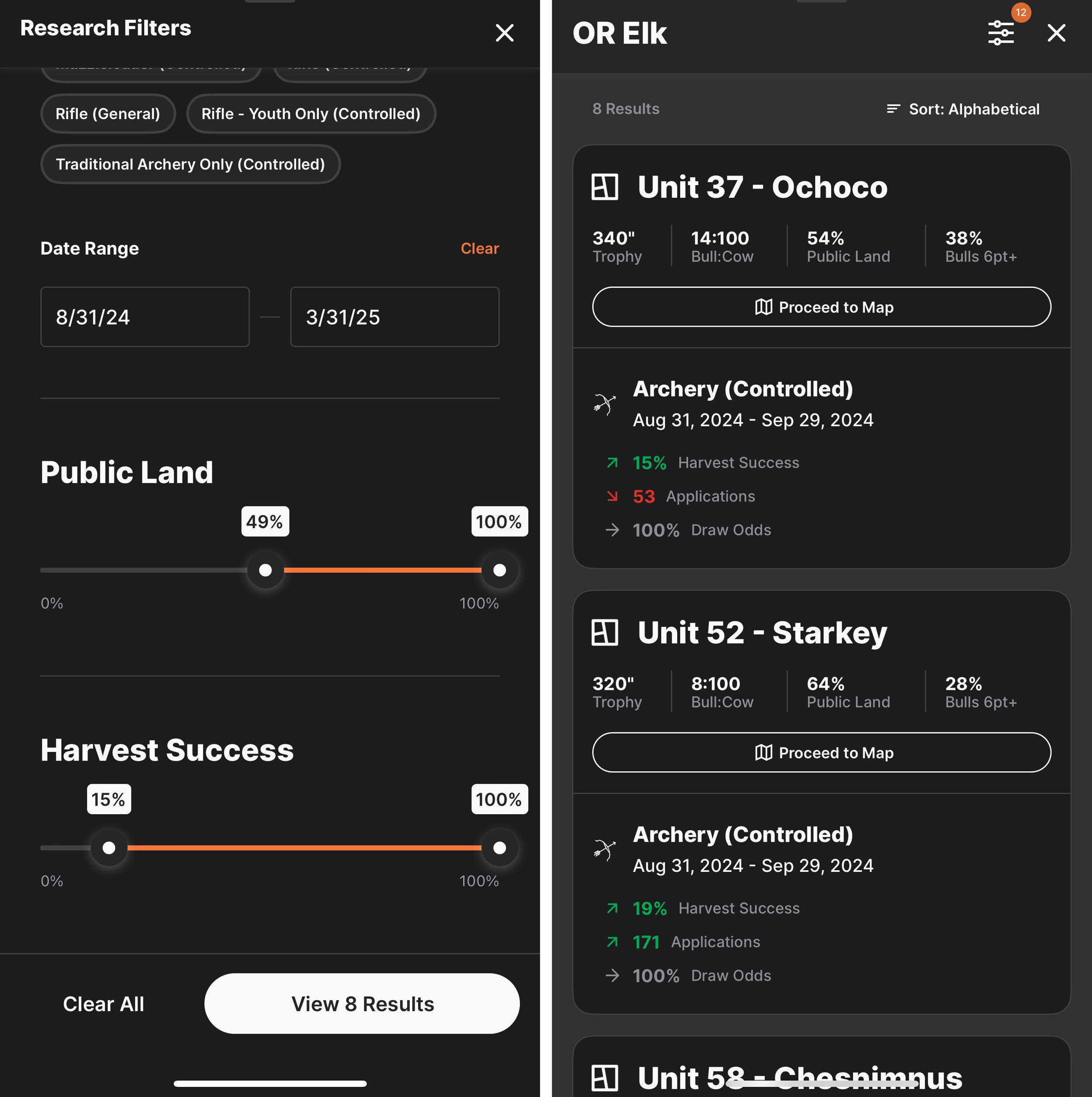 Filtering hunt unit results on GOHUNT app