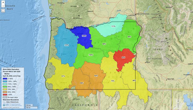 Oregon april 26 2022 snow water equivalent map