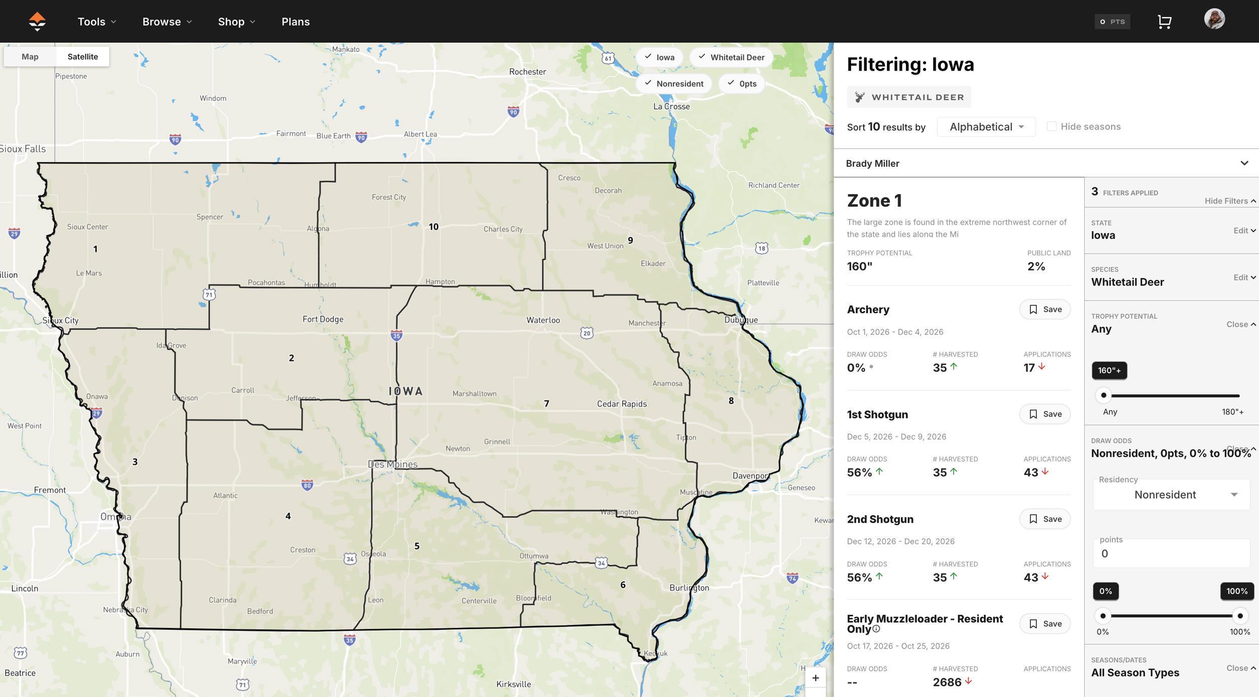 Iowa whitetail hunting research on GOHUNT filtering tool