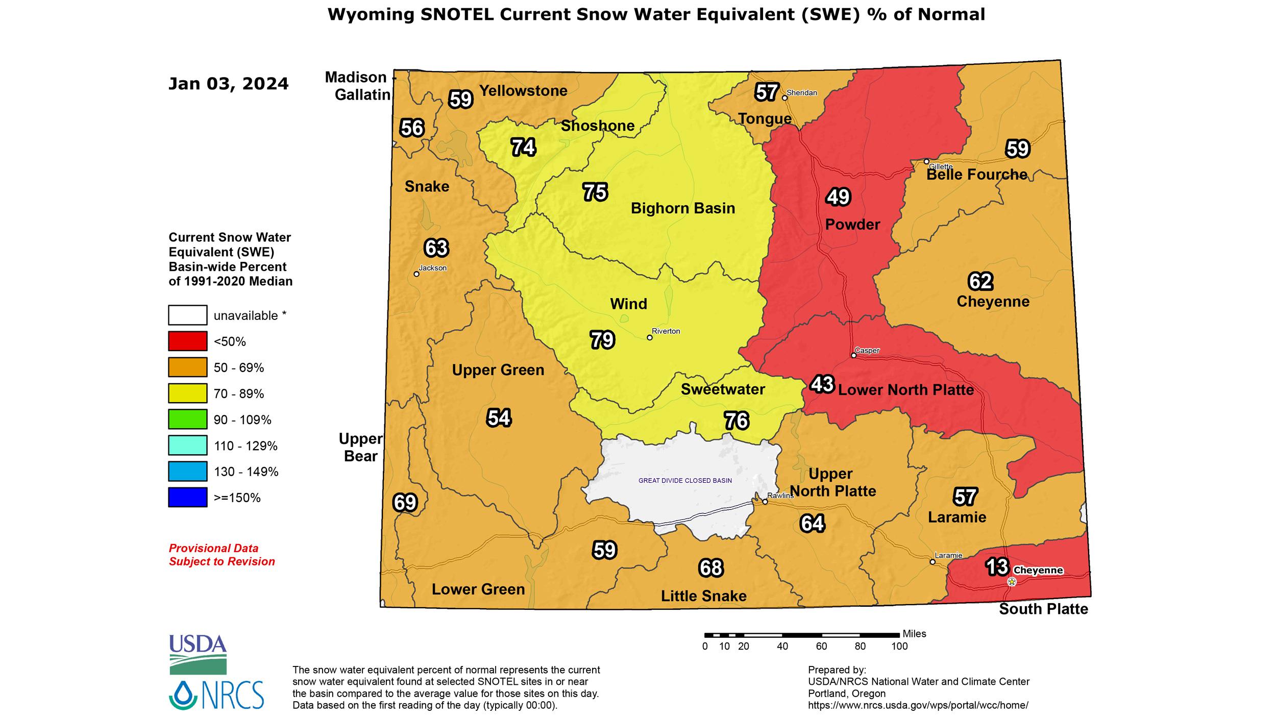 January 2024 Wyoming snow water equivalent percent of normal