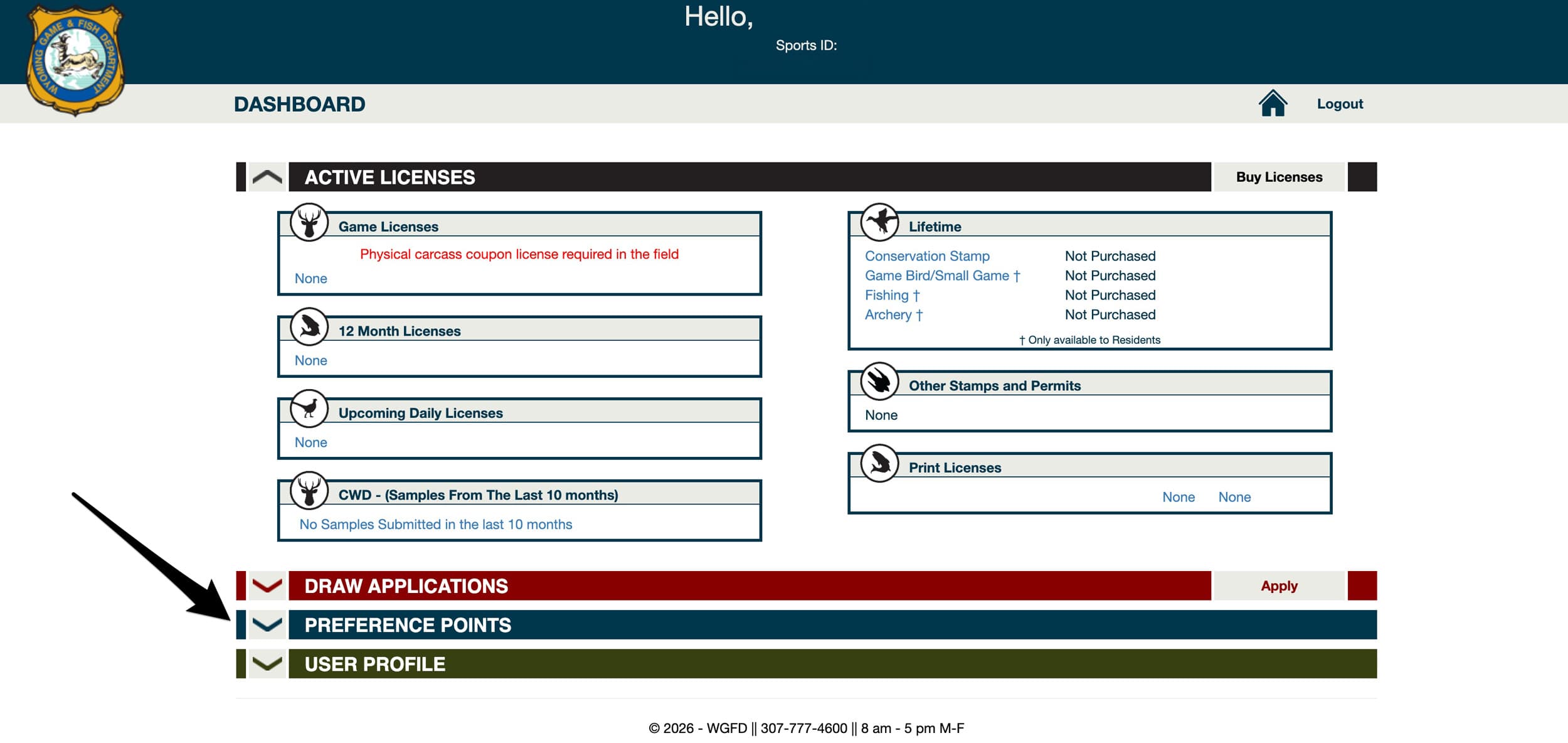 Wyoming Game and Fish Department user account dashboard view