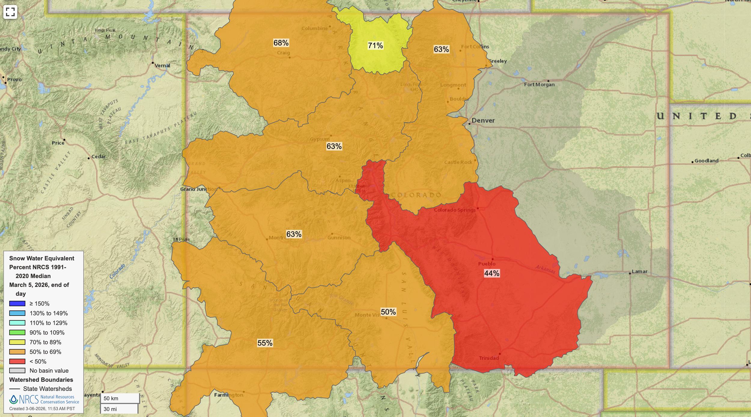 Colorado early March 2026 snow water equivalent map