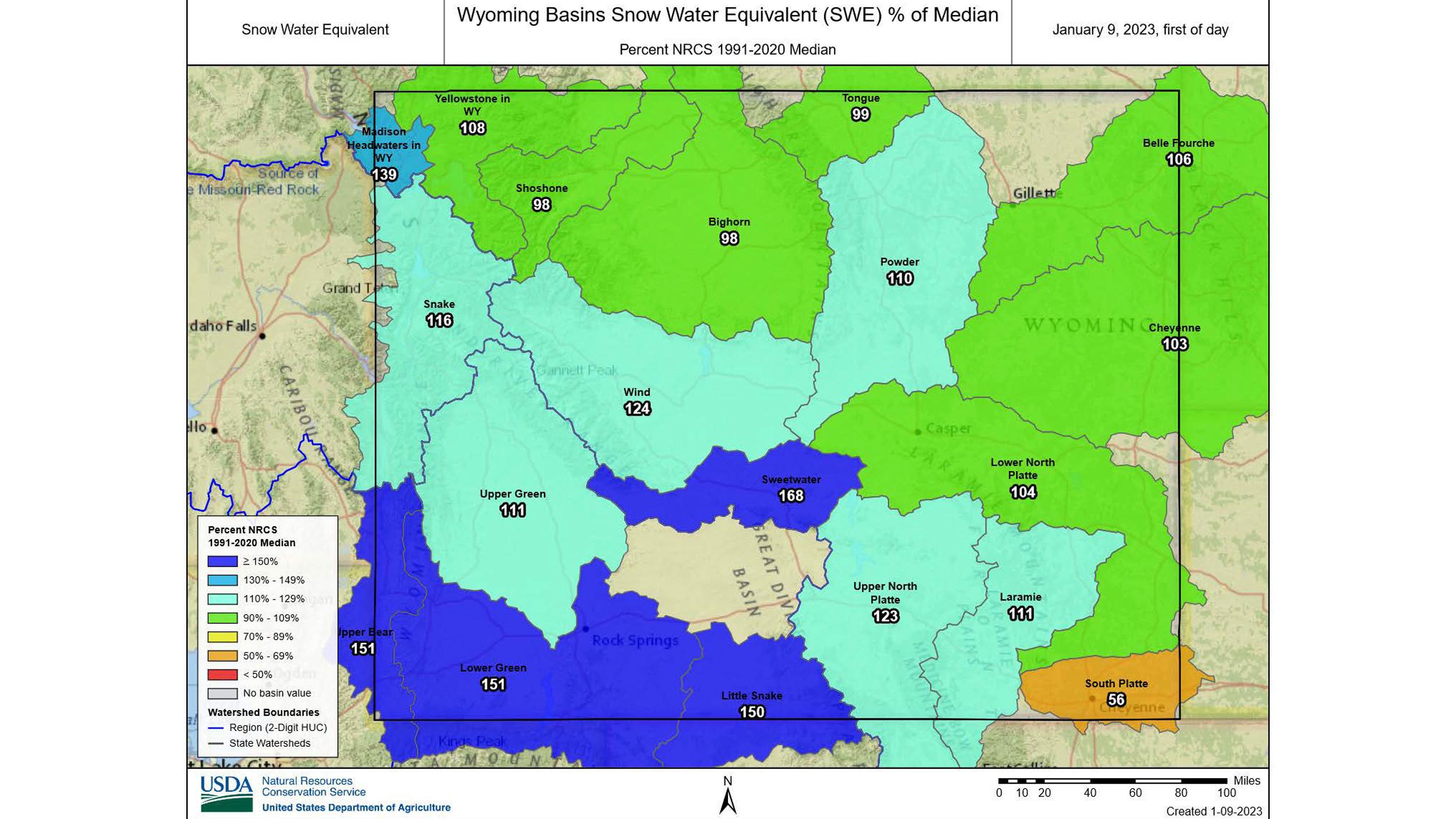 January 2023 Wyoming snow water equivalent map