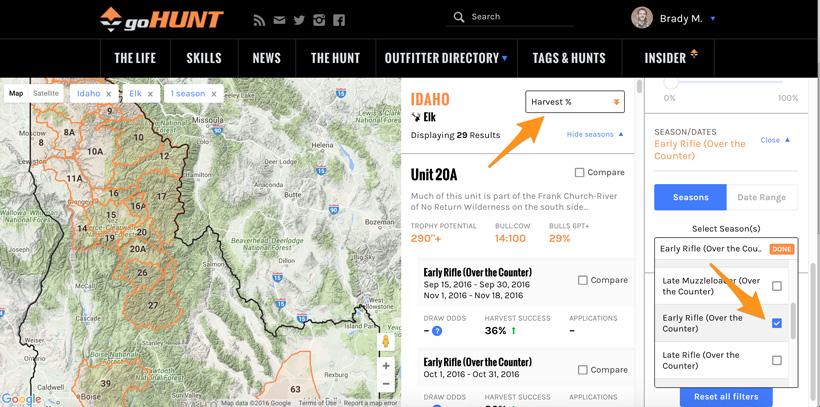 Idaho filtering by weapon choice and harvest success