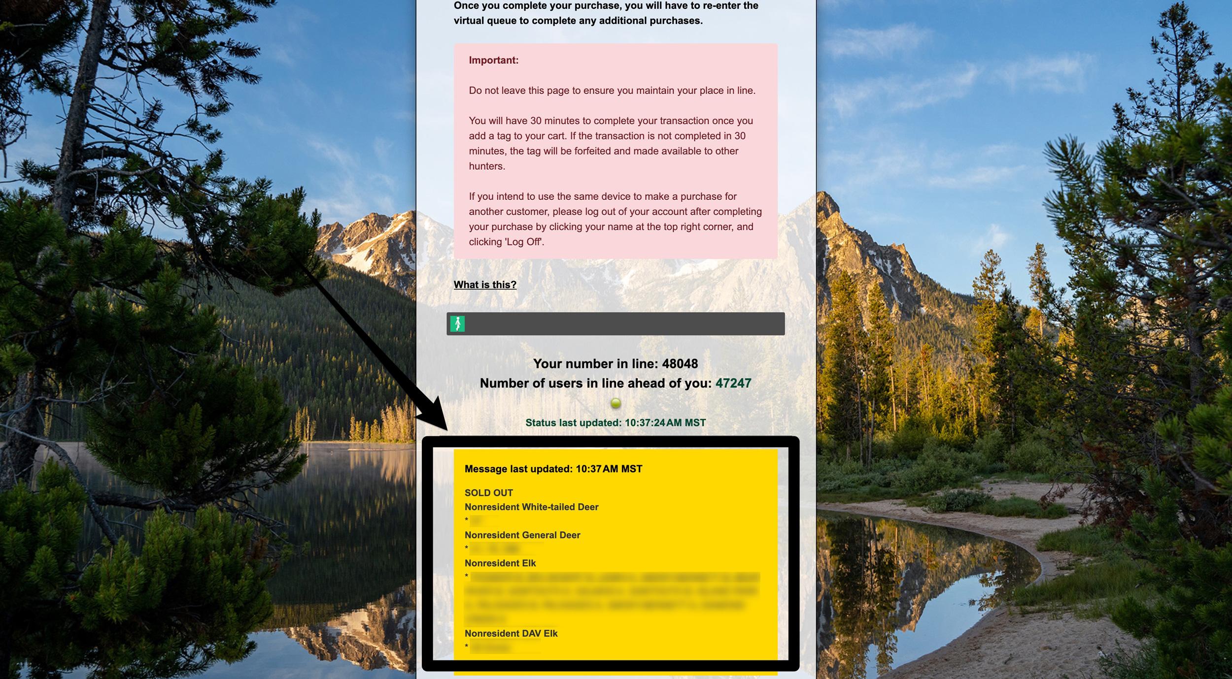 Idaho nonresident general season tag sale waiting room showing currently sold out deer and elk tags