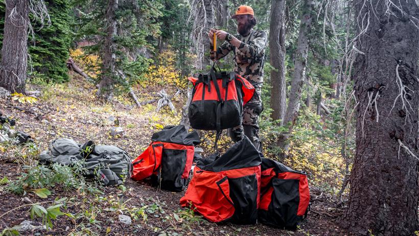 Weighing gear to be loaded on llama while hunting